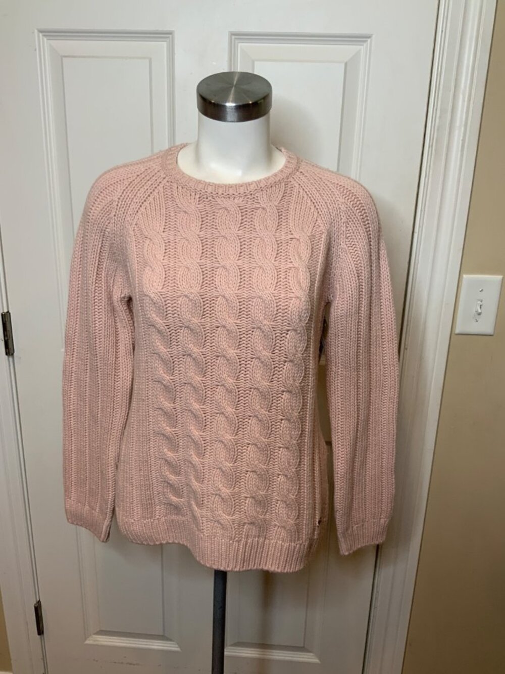 Barbour Pink Wool Blend Cable Knit Sweater W/ Elbow Patches, Size 10